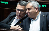 New Hope MKs Gideon Saar and Ze'ev Elkin in the Knesset, September 29, 2024. (Yonatan Sindel/Flash90)