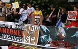 Protesters with NYC 4 Kaplan including members of the liberal rabbinic group T'ruah attend a rally on Manhattan's Upper West Side on September 1, 2024, against Prime Minister Benjamin Netanyahu. (Rabbi Jill Jacobs/Courtesy T'ruah)