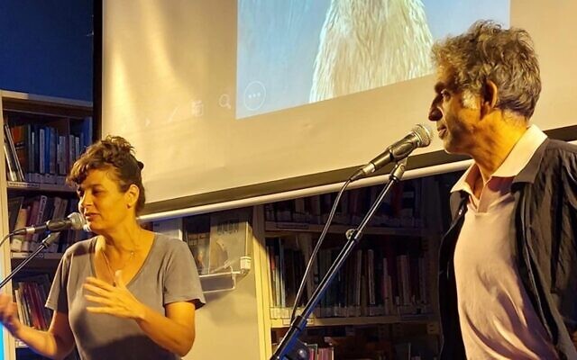 Etgar Keret and his wife Shira Geffen speak about their work in Ness Ziona, Israel, Aug. 28, 2024. (Via Facebook)