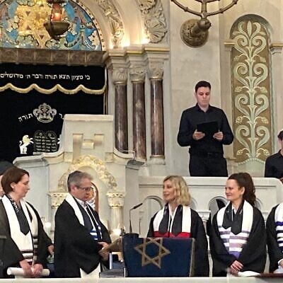 Illustrative: Cantors and rabbis are ordained at a ceremony at Berlin’s Rykestrasse synagogue, September 5, 2024. In all, 55 candidates have been ordained since Geiger College opened in 1999. (Toby Axelrod/ JTA) Illustrative: Cantors and rabbis are ordained at a ceremony at Berlin’s Rykestrasse synagogue, September 5, 2024. In all, 55 candidates have been ordained since Geiger College opened in 1999. (Toby Axelrod/ JTA)