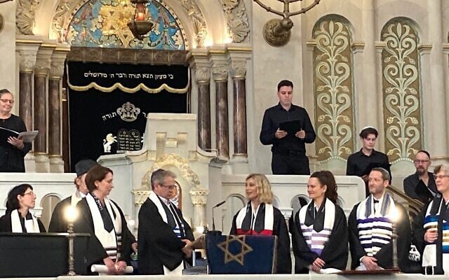 Illustrative: Cantors and rabbis are ordained at a ceremony at Berlin’s Rykestrasse synagogue, September 5, 2024. In all, 55 candidates have been ordained since Geiger College opened in 1999. (Toby Axelrod/ JTA) Illustrative: Cantors and rabbis are ordained at a ceremony at Berlin’s Rykestrasse synagogue, September 5, 2024. In all, 55 candidates have been ordained since Geiger College opened in 1999. (Toby Axelrod/ JTA)