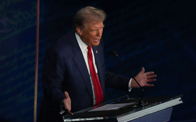 Former US president and Republican presidential candidate Donald Trump speaks during the first presidential debate at National Constitution Center in Philadelphia, September 10, 2024. (Demetrius Freeman/The Washington Post/Getty Images via JTA) Former US president and Republican presidential candidate Donald Trump speaks during the first presidential debate at National Constitution Center in Philadelphia, September 10, 2024. (Demetrius Freeman/The Washington Post/Getty Images via JTA)