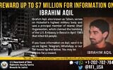 A US State Department "Wanted Poster" for Hezbollah Radwan Force commander Ibrahim Aqil. (US State Department)