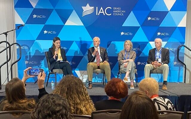 ICA Summit breakout session on US-Israel Alliance with (l to r) moderator Yuna Leibzon, panelists Michael Oren, Victoria Coates and Dennis Ross, in Washington, DC, September 21, 2024. (Robert Sarner/Times of Israel)