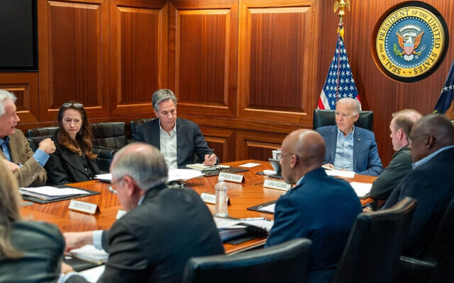 US President Joe Biden meets with his top Cabinet and National Security officials to discuss Iran's attacks on Israel, at the White House, April 13, 2024. (White House) US President Joe Biden meets with his top Cabinet and National Security officials to discuss Iran's attacks on Israel, at the White House, April 13, 2024. (White House)