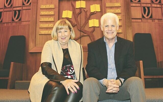 Rabbi Cary Kozberg, right, sits with Temple Sholom President Laurie Leventhal inside the synagogue's Springfield, Ohio, sanctuary in 2016. (Courtesy Dayton Jewish Observer/via JTA) Rabbi Cary Kozberg, right, sits with Temple Sholom President Laurie Leventhal inside the synagogue's Springfield, Ohio, sanctuary in 2016. (Courtesy Dayton Jewish Observer/via JTA)
