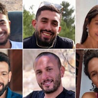 This combination of six undated photos shows hostages, from top left, Hersh Goldberg-Polin, Ori Danino, Eden Yerushalmi; from bottom left, Almog Sarusi, Alexander Lobanov, and Carmel Gat. They were murdered by their Hamas captors in Gaza in August 2024. (The Hostages Families Forum via AP)