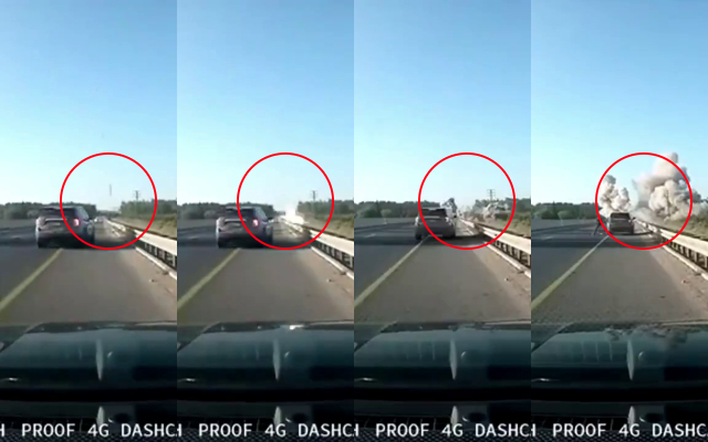 Dashboard footage shows the moment a rocket fired from Lebanon hit a road between Tamra and Kabul in northern Israel, September 24, 2024. (Social media/X; used in accordance with Clause 27a of the Copyright Law) Dashboard footage shows the moment a rocket fired from Lebanon hit a road between Tamra and Kabul in northern Israel, September 24, 2024. (Social media/X; used in accordance with Clause 27a of the Copyright Law)