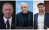 Left to right: Benny Gantz (Miriam Alster/Flash90), Yair Lapid (Yonatan Sindel/Flash90), Bezalel Smotrich. (Yonatan Sindel/Flash90)