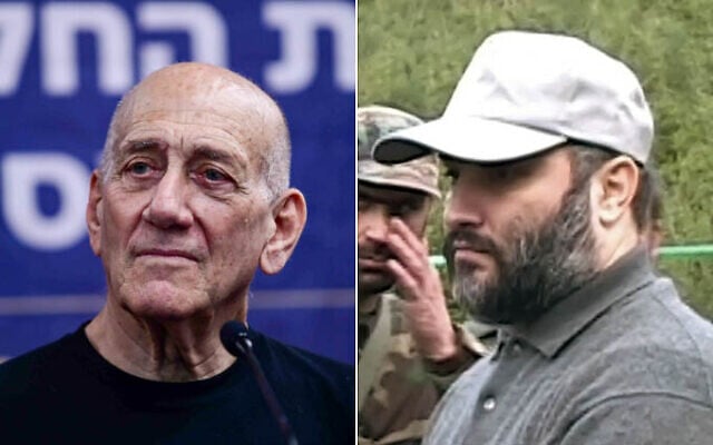 Former Israeli Prime Minister Ehud Olmert (L) testifies during a hearing of the civil investigative committee on the October 7 massacre, in Tel Aviv, August 8, 2024. (Tomer Neuberg/Flash90); An undated picture shows senior Hezbollah military commander Imad Mughniyeh, who was assassinated in Syria in February 2008. (Hezbollah Military Media, via AP) Former Israeli Prime Minister Ehud Olmert (L) testifies during a hearing of the civil investigative committee on the October 7 massacre, in Tel Aviv, August 8, 2024. (Tomer Neuberg/Flash90); An undated picture shows senior Hezbollah military commander Imad Mughniyeh, who was assassinated in Syria in February 2008. (Hezbollah Military Media, via AP)