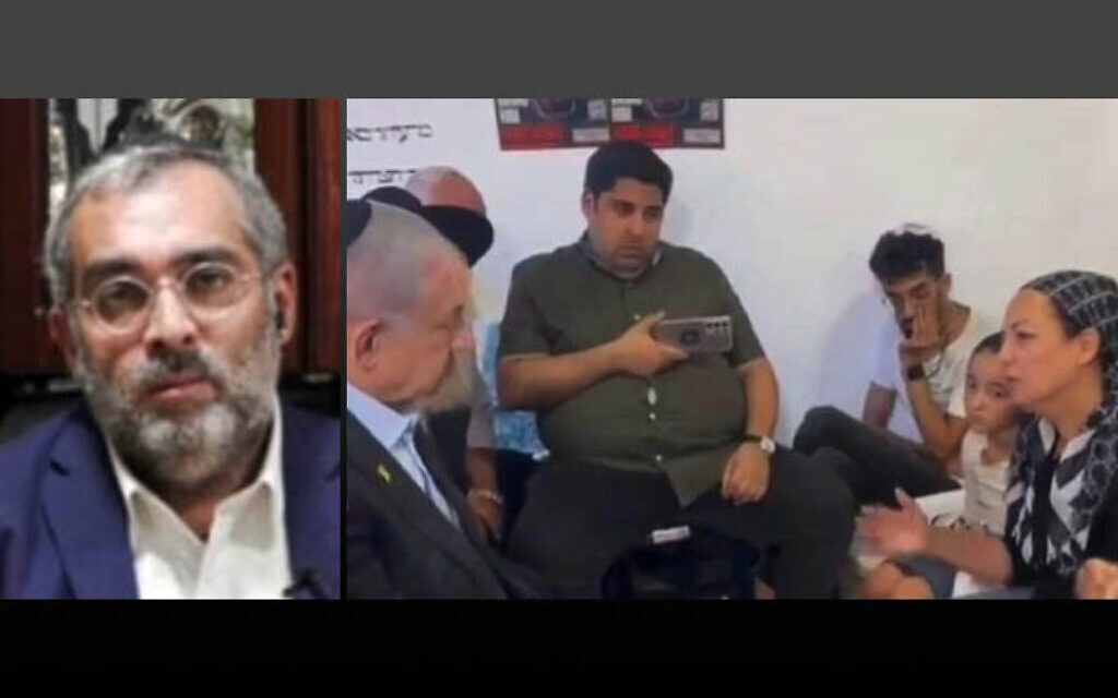 Rabbi Elhanan Danino (left) speaks to Channel 12 news in a September 9, 2024, interview, as the screen also shows Prime Minister Benjamin Netanyahu paying a condolence call to the Danino family, whose son Ori was murdered by his Hamas captors in Gaza. (Channel 12 screenshot; Avi Rabina, Kikar Hashabat; used in accordance with Clause 27a of the copyright law) Rabbi Elhanan Danino (left) speaks to Channel 12 news in a September 9, 2024, interview, as the screen also shows Prime Minister Benjamin Netanyahu paying a condolence call to the Danino family, whose son Ori was murdered by his Hamas captors in Gaza. (Channel 12 screenshot; Avi Rabina, Kikar Hashabat; used in accordance with Clause 27a of the copyright law)