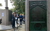 Howard Teich, the founding chair of the Manhattan Jewish Historical Initiative, speaks at a monument in The Battery that marks the Jewish arrival in New York in September 1654, New York, September 13, 2023. (Julia Gergely via JTA)