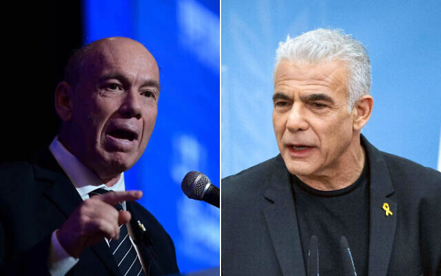State Comptroller Matanyahu Englman (L) at the Israeli Bar Association conference in Tel Aviv, September 3, 2024. (Tomer Neuberg/Flash90); Opposition Leader Yair Lapid leads a Yesh Atid faction meeting at the Knesset, Jerusalem, September 4, 2024. (Yonatan Sindel/Flash90) State Comptroller Matanyahu Englman (L) at the Israeli Bar Association conference in Tel Aviv, September 3, 2024. (Tomer Neuberg/Flash90); Opposition Leader Yair Lapid leads a Yesh Atid faction meeting at the Knesset, Jerusalem, September 4, 2024. (Yonatan Sindel/Flash90)