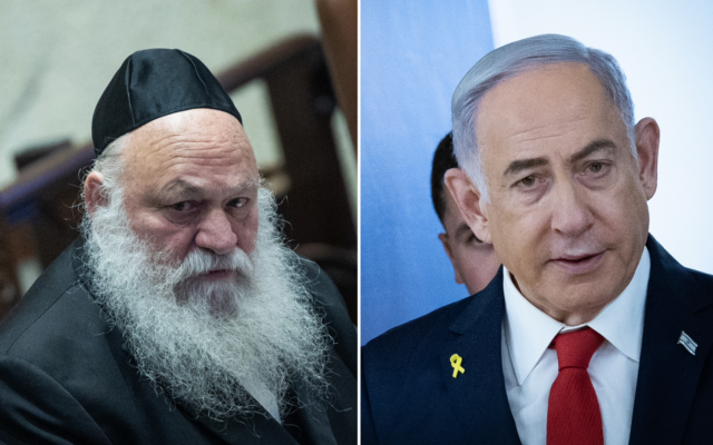 Left: Housing Minister Yitzhak Goldknopf, leader of the United Torah Judaism party, June 26, 2024. (Yonatan Sindel/Flash90); Right: Prime Minister Benjamin Netanyahu, September 9, 2024. (Yonatan Sindel/Flash 90) Left: Housing Minister Yitzhak Goldknopf, leader of the United Torah Judaism party, June 26, 2024. (Yonatan Sindel/Flash90); Right: Prime Minister Benjamin Netanyahu, September 9, 2024. (Yonatan Sindel/Flash 90)