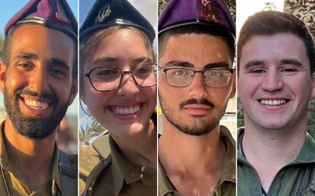 This composite image shows IDF soldiers (from left to right) Staff Sgt. Dotan Shimon, Staff Sgt. Agam Naim, Staff Sgt. Amit Bakri and Cpt. Daniel Mimon Toaff, who were killed fighting in southern Gaza on September 17, 2024. (Israel Defense Forces)