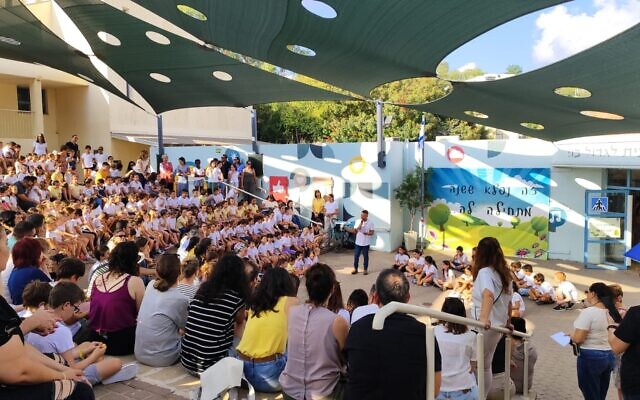 Opening the new school year at the Horesh school in Zichron Yaakov, on September 1, 2024. (Gavriel Fiske/Times of Israel)