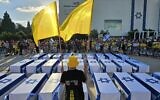 A display of 27 coffins of the hostages who were killed while in captivity in Gaza set up at Habima Square in Tel Aviv. (Zohar Ben Yehuda)