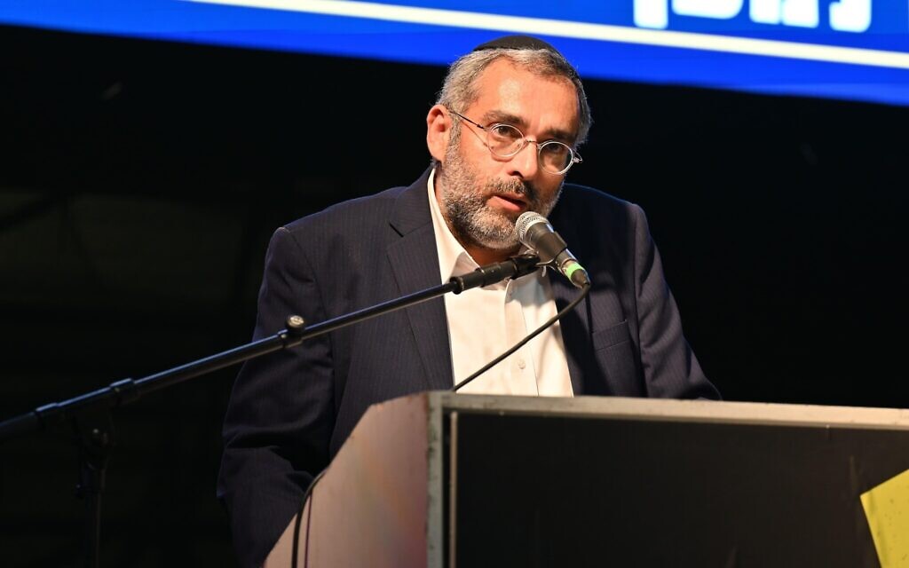Rabbi Elhanan Danino, father of slain hostage Ori Danino, speaks at an event in Tel Aviv's Hostages Square, September 10, 2024. (Paulina Patimer / Hostage Families Forum)