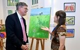 US Ambassador to Israel Jack Lew with Israeli artist Doron Adorian and her painting, 'Green,' at the ambassador's Jerusalem residence on September 20, 2024 (David Azagury, U.S. Embassy Jerusalem)