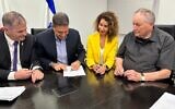 Officials sign a new teachers' agreement, on September 23, 2024. Left to to right: Education Minister Yoav Kisch, Head of Wages and Labor Agreements at the Federation of Local Authorities Hagit Magen, Federation of Local Authorities chair Haim Bibas and Secondary School Teachers' Association chief Ran Erez (Education Ministry)