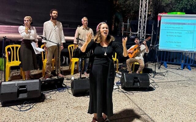 Rabba Anat Sharbat leads Selihot services in Tel Aviv's Hostages Square, Sept. 22, 2024. (Courtesy Anat Sharbat/via JTA)