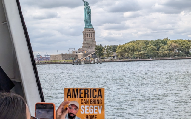 Family members of hostages held in Gaza sail around the New York Harbor to raise awareness of their plight, September 24, 2024 (Courtesy)