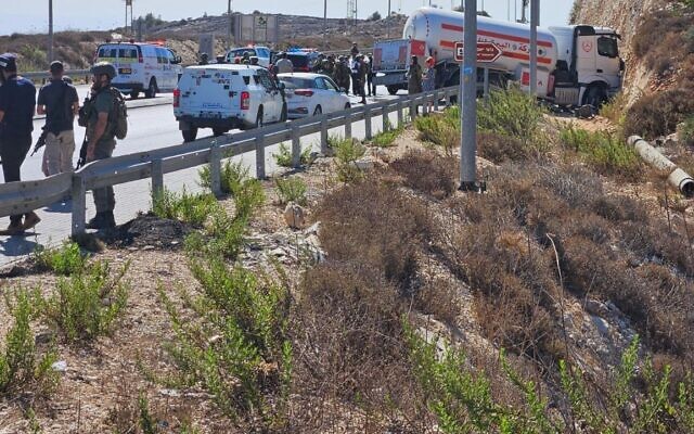 The scene of a reported ramming attack near the West Bank settlement of Givat Asaf, September 11, 2024 (Rescuers Without Borders) The scene of a reported ramming attack near the West Bank settlement of Givat Asaf, September 11, 2024 (Rescuers Without Borders)