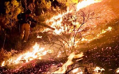 Firefighting crews work to extinguish a blaze in the Birya Forest, north of Safed, following a Hezbollah rocket barrage, September 13, 2024. (Israel Fire and Rescue Services)