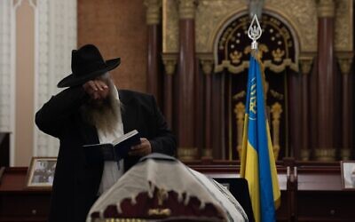 Rabbi Moshe Azman attends the funeral of his son, Anton Matityagi Samborsky, at Kyiv's Central Synagogue on September 12, 2024. (Oleksandr Magula/Suspilne Ukraine/JSC 'UA:PBC'/Global Images Ukraine/Getty Images via JTA)