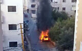 A car burns after fresh explosions are reported in Lebanon on September 18, 2024, a day after thousands of Hezbollah pagers exploded in an attack blamed on Israel (Screencapture X/ used in accordance with Clause 27a of the Copyright Law)