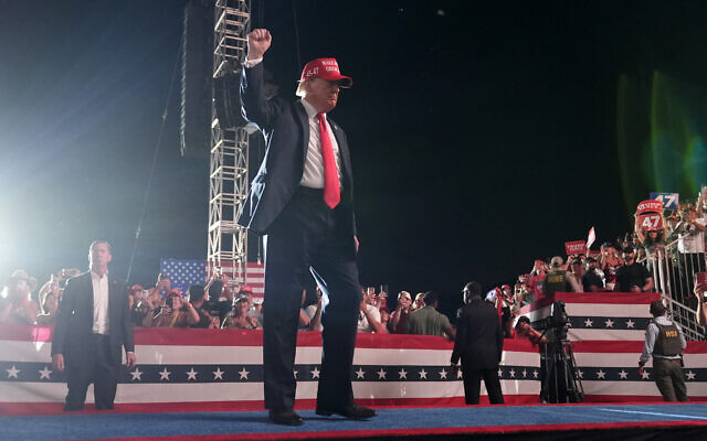 Republican presidential nominee former President Donald Trump gestures to the audience as he departs a campaign rally at the Calhoun Ranch, Oct. 12, 2024, in Coachella, Calif. (AP/Alex Brandon) Republican presidential nominee former President Donald Trump gestures to the audience as he departs a campaign rally at the Calhoun Ranch, Oct. 12, 2024, in Coachella, Calif. (AP/Alex Brandon)