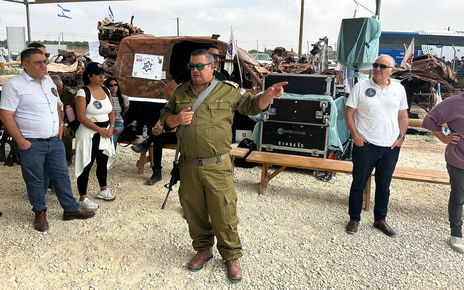 Col. (Res.) Marco Azuelos at the "The Burnt Cars Exhibition", which he set up. October 6, 2024 (Shalom Yerushalmi / Times of Israel) Col. (Res.) Marco Azuelos at the "The Burnt Cars Exhibition", which he set up. October 6, 2024 (Shalom Yerushalmi / Times of Israel)