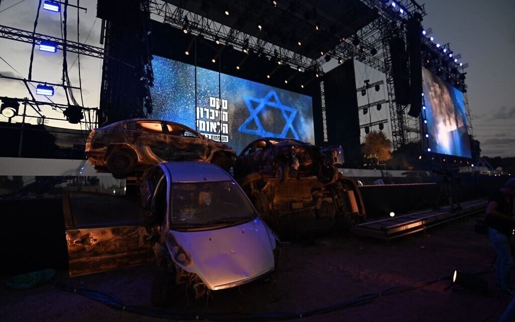 Destroyed cars from Hamas's October 7, 2023 attacks are seen at the National Memorial Ceremony for Bereaved Families marking one year since the killings, Oct. 7, 2024 (Bereaved Families Memorial Ceremony)