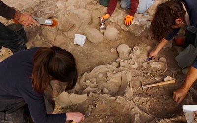 Removing ceramic vessels at the IAA excavation near Beit Shemesh, in a photo released on October 29, 2024. (Emil Aladjem/IAA)