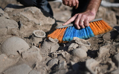5000-year-old ceramic vessels discovered in an excavation near Beit Shemesh, in a photo released on October 29, 2024.(Yoli Schwartz/IAA)
