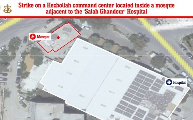 A graphic showing a mosque in southern Lebanon's Bint Jbeil, within the Martyr Salah Ghandour Hospital compound, issued on October 5, 2024. (Israel Defense Forces)