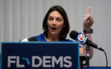 Nikki Fried, chairwoman of the Florida Democratic Party, holds a press conference criticizing Florida Gov. Ron DeSantis and his response to the recent flooding on April 18, 2023. (Joe Raddle/Getty Images via AFP)