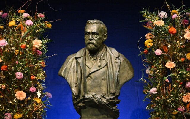 A bust of the Nobel Prize founder Alfred Nobel is seen before the Nobel awards ceremony at the Concert Hall in Stockholm, Sweden, December 10, 2023. (Jonathan Nackstrand / AFP) A bust of the Nobel Prize founder Alfred Nobel is seen before the Nobel awards ceremony at the Concert Hall in Stockholm, Sweden, December 10, 2023. (Jonathan Nackstrand / AFP)