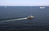 Islamic Republic of Iran Navy fast attack craft IRIS Zereh (P235) at sea during the "Maritime Security Belt 2024" combined naval exercise between Iran, Russia, and China in the Gulf of Oman, in an image released on March 12, 2024. (AFP / IRANIAN DEFENSE MINISTRY)