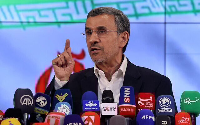 Former Iranian president Mahmoud Ahmadinejad addresses the media after registering his candidacy for Iran's presidential election in Tehran on June 2, 2024. (ATTA KENARE / AFP) Former Iranian president Mahmoud Ahmadinejad addresses the media after registering his candidacy for Iran's presidential election in Tehran on June 2, 2024. (ATTA KENARE / AFP)