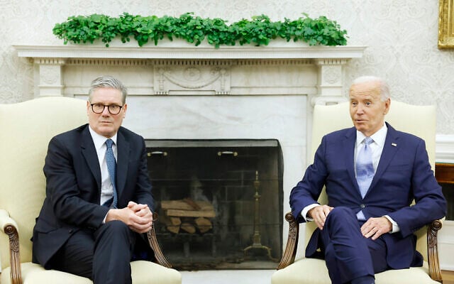 US President Joe Biden (R) and British Prime Minister Keir Starmer (L) speak to reporters before participating in a bilateral meeting in the Oval Office of the White House on July 10, 2024 in Washington, DC. (Anna Moneymaker/Getty Images via AFP) US President Joe Biden (R) and British Prime Minister Keir Starmer (L) speak to reporters before participating in a bilateral meeting in the Oval Office of the White House on July 10, 2024 in Washington, DC. (Anna Moneymaker/Getty Images via AFP)