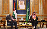 A handout picture provided by the Palestinian Authority's press office (PPO) shows PA President Mahmoud Abbas (L) meeting with Saudi Arabia's Crown Prince Mohammed Bin Salman in Riyadh on August 27, 2024. (Thaer Ghanaim / PPO / AFP)