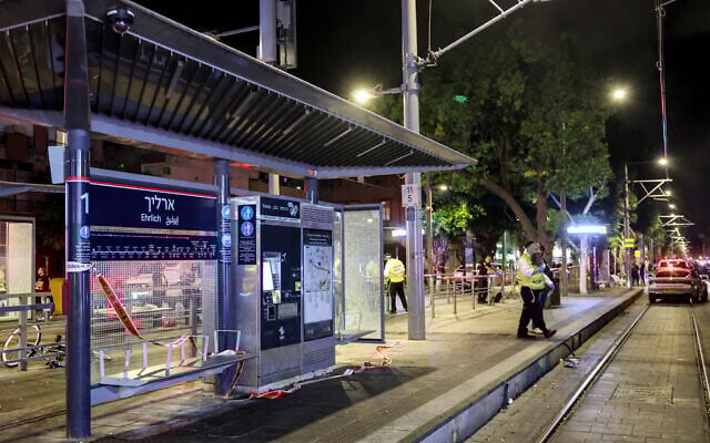The scene of a shooting terror attack at the Ehrlich station of the Tel Aviv Light Rail in Jaffa on October 1, 2024. (Jack GUEZ / AFP)