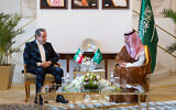 File: Saudi Foreign Minister Prince Faisal bin Farhan (R) meeting with Iranian Foreign Minister Abbas Araghchi in Riyadh, October 9, 2024. (Saudi Foreign Ministry/AFP)