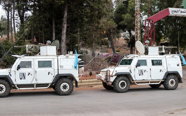 Vehicles of the United Nations Interim Force in Lebanon (UNIFIL) patrol in Marjeyoun in southern Lebanon on October 11, 2024. (AFP)