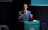 Spain's Prime Minister Pedro Sanchez speaks during the 'World in Progress Barcelona' Forum in Barcelona on October 14, 2024. (LLUIS GENE / AFP)