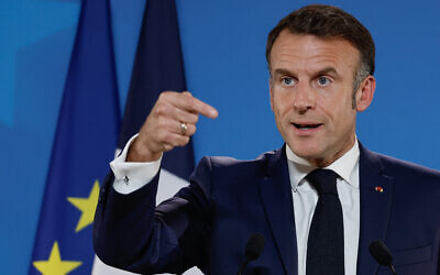 France's President Emmanuel Macron addresses a press conference after an EU summit in Brussels on October 17, 2024. (Ludovic Marin/AFP)