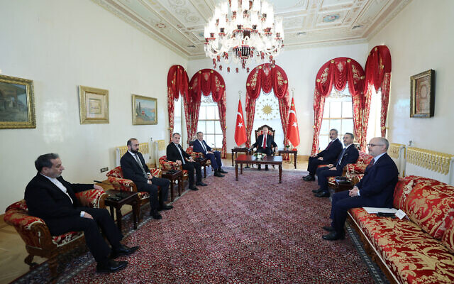 This handout photograph taken and released on October 18, 2024 by Turkish Presidency Press Office, shows Turkey's President Recep Tayyip Erdogan (C) accompanied by Turkey's Foreign Minister Hakan Fidan (3rd-R) meeting with (From L) Iran's Foreign Minister Abbas Araghchi, Armenia's Foreign Minister Ararat Mirzoyan, Azerbaijan's Foreign Minister Jeyhun Bayramov and Russia's Foreign Minister Sergey Lavrov on the sideline of the 3+3 South Caucasus Regional Cooperation Platform at the Dolmabahce Presidential Office in Istanbul. (Handout/Turkish Presidential Press Service/AFP)