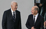 US President Joe Biden and German Chancellor Olaf Scholz at the Chancellery in Berlin, on October 18, 2024. (Andrew Caballero-Reynolds/AFP)