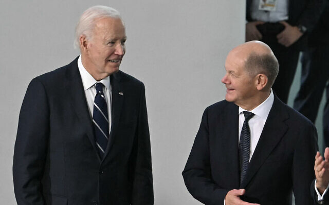 US President Joe Biden and German Chancellor Olaf Scholz at the Chancellery in Berlin, on October 18, 2024. (Andrew Caballero-Reynolds/AFP) US President Joe Biden and German Chancellor Olaf Scholz at the Chancellery in Berlin, on October 18, 2024. (Andrew Caballero-Reynolds/AFP)